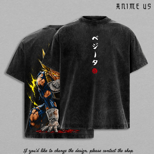 Saiyan Prince Golden Warrior Vintage Washed Oversized Tee, Super Power Anime Fighter Heavyweight Cotton Streetwear Graphic Shirt
